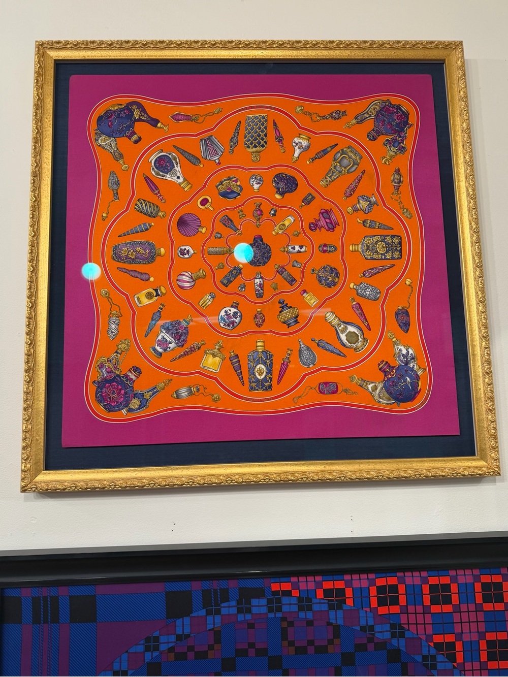 Hermes Orange and Magenta Framed Silk Scarf Art framed